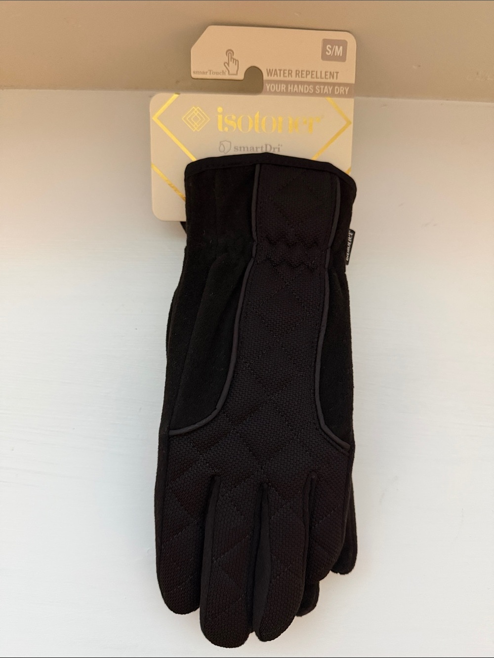 Isotoner Black Women's Quilted Water-Repellent Gloves Size S/M